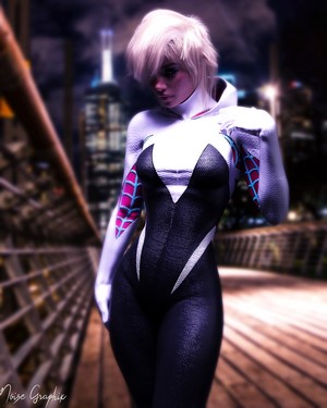 Spider-Gwen from Spider-Verse standing on a bridge at night