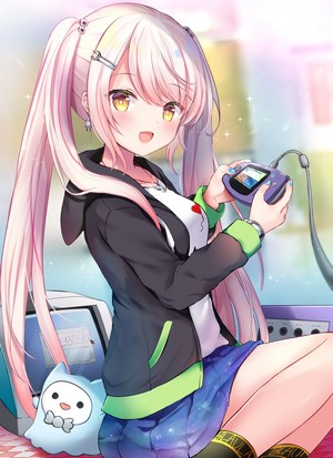 Anime girl with pink twintails playing Game Boy