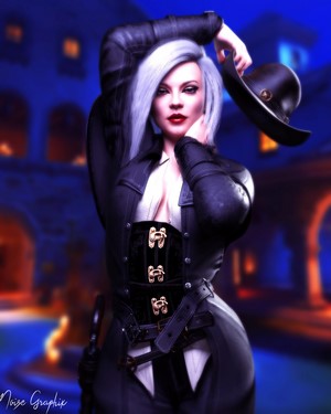Ashe from Overwatch holding a hat