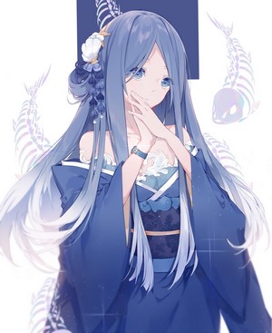 Anime girl in Japanese clothes with fish skeletons