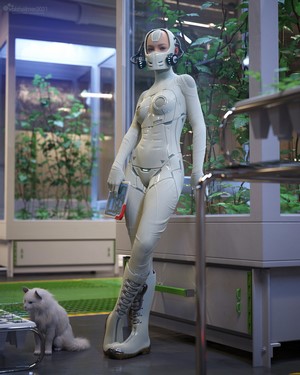 Robot in a futuristic greenhouse with a cat