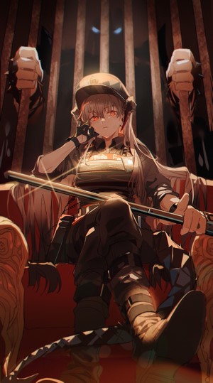 Anime girl with red eyes and helmet sitting on a throne