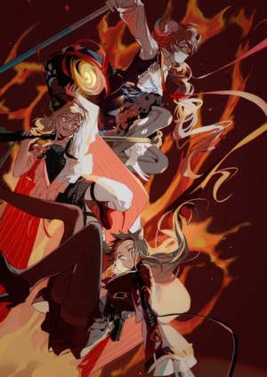 Arknights characters in a fiery scene
