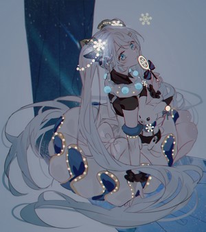 Hatsune Miku with a white creature in winter