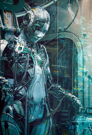 Gynoid in a futuristic laboratory with holographic displays