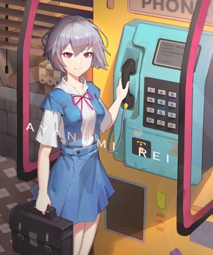 Rei Ayanami from Neon Genesis Evangelion at a phone box