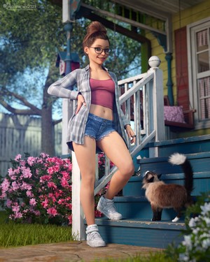 Woman with glasses and cat on porch
