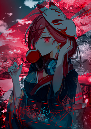 Anime girl with fox mask and lollipop