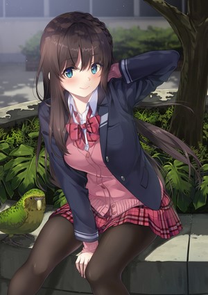 Anime girl with blue eyes and brown hair in school uniform with a parrot