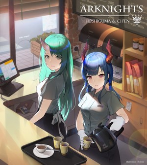 Hoshiguma and Chen from Arknights at a Cafe
