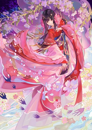 Anime girl in kimono with cherry blossoms