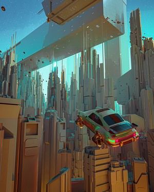 Futuristic Porsche flying in a CGI science fiction cityscape