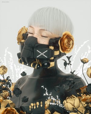 Woman with futuristic mask and golden flowers