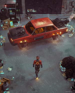 Futuristic red car and cyborg in a gritty industrial setting