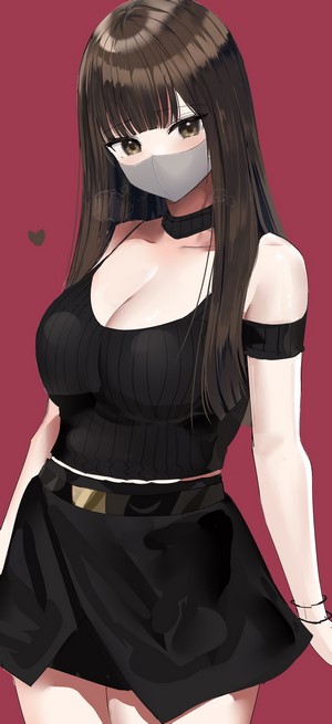Hanasaka Houcha wearing a black top and skirt with a face mask