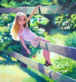 Girl with long blonde hair sitting on a wooden fence