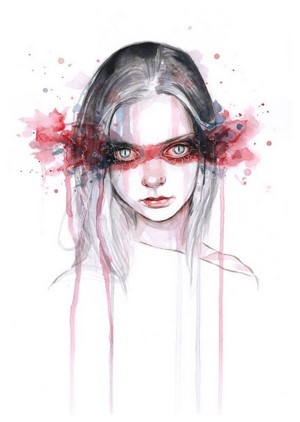 Woman with red and blue paint on face