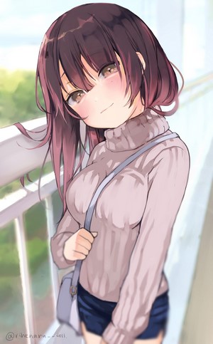 Anime girl with dark hair wearing a sweater