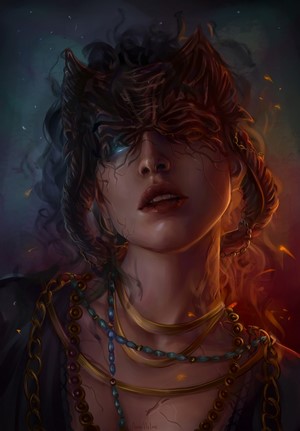 Portrait of a woman with glowing eyes and horns