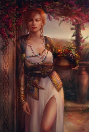 Redhead woman in white dress holding fruit bowl