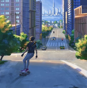 Woman skateboarding in a futuristic city