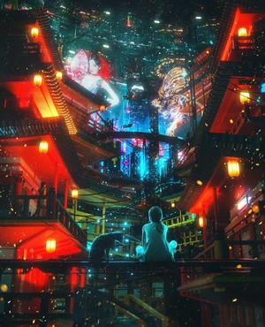 Futuristic City with Digital Displays and a Girl with a Cat
