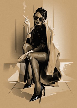 Woman in sunglasses and coat smoking a cigarette