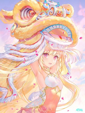 Anime girl with blonde hair and pink eyes in a lion costume