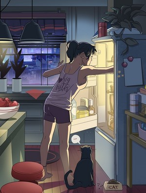 Woman looking in refrigerator with cat