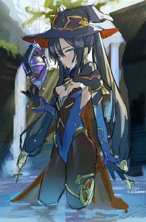 Mona from Genshin Impact in a watery environment