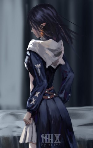 Anime girl with dark hair and elf ears