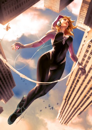 Spider-Gwen flying through a city with headphones