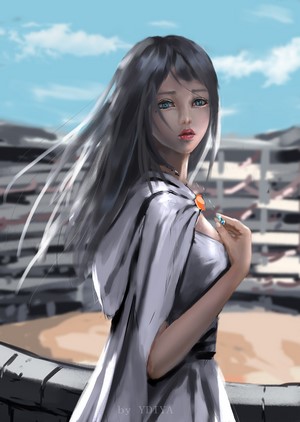 Anime girl with black hair and blue eyes