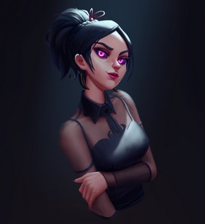 Woman with pink eyes in black dress