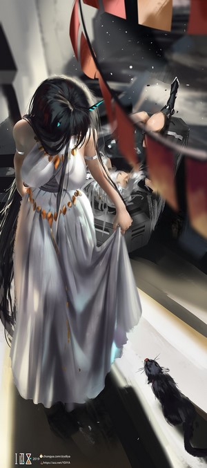Anime girl in white dress with black cat