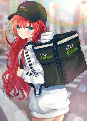 Anime girl with red hair wearing Uber Eats uniform