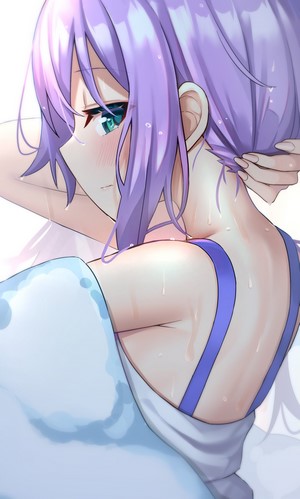 Anime girl with purple hair and aqua eyes