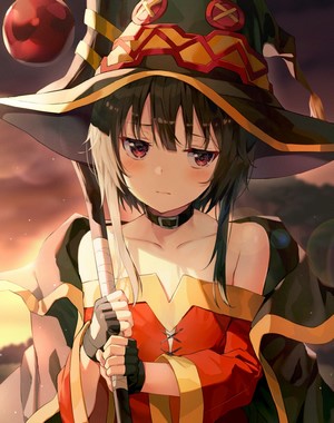 Megumin from KonoSuba with a staff
