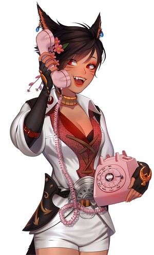 Miqote girl with animal ears holding a pink telephone