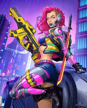 Cyberpunk woman with pink hair and futuristic gun
