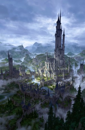 Digital art of a fantasy castle in mountains