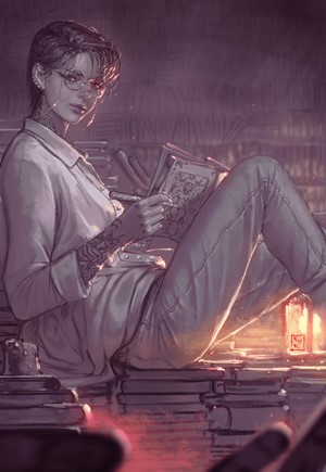Woman with tattoos reading a book in a library