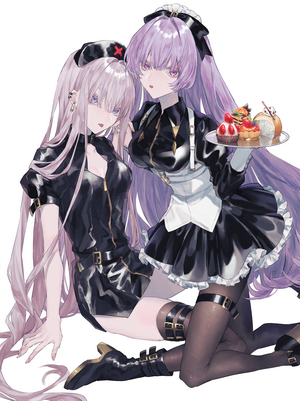 Two anime girls in maid and nurse outfits with cakes
