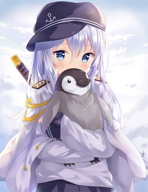 Hibiki from Kantai Collection holding a penguin