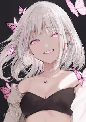 Anime girl with silver hair and pink eyes surrounded by butterflies