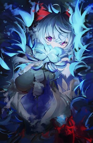Ganyu from Genshin Impact with blue hair and purple eyes