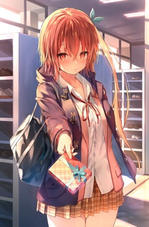 Anime girl with red hair and red eyes holding a gift