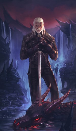 Geralt of Rivia from The Witcher with a slain dragon