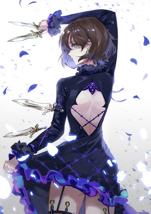 Anime girl with short brown hair holding daggers