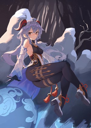 Ganyu from Genshin Impact sitting on rocks